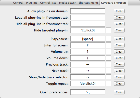 Keyboard shortcuts tab