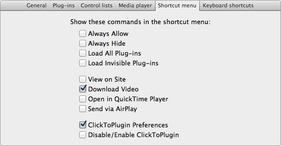 Shortcut menu tab